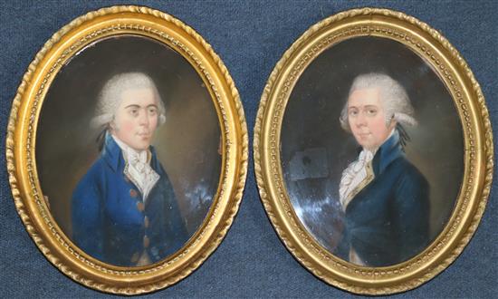 Late 18th century English School Portraits of gentlemen wearing blue coats, oval, 10 x 8in.